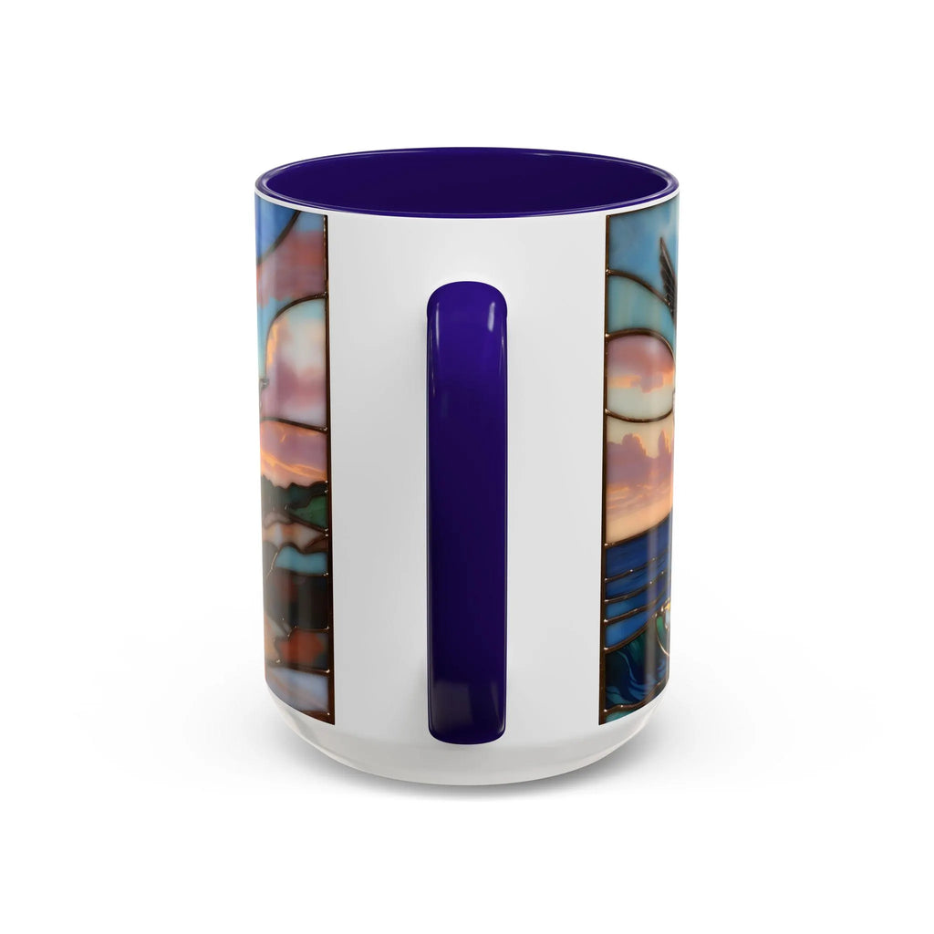 Lighthouse Sunset Mug, Coastal Stained Glass Style Coffee Cup, Nautical Coffee Mug 15oz