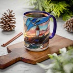 Lighthouse Sunset Mug, Coastal Stained Glass Style Coffee Cup, Nautical Coffee Mug 15oz