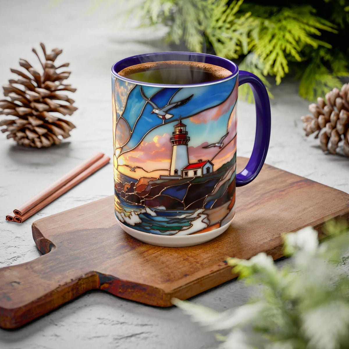 Lighthouse Sunset Mug, Coastal Stained Glass Style Coffee Cup, Nautical Coffee Mug 15oz