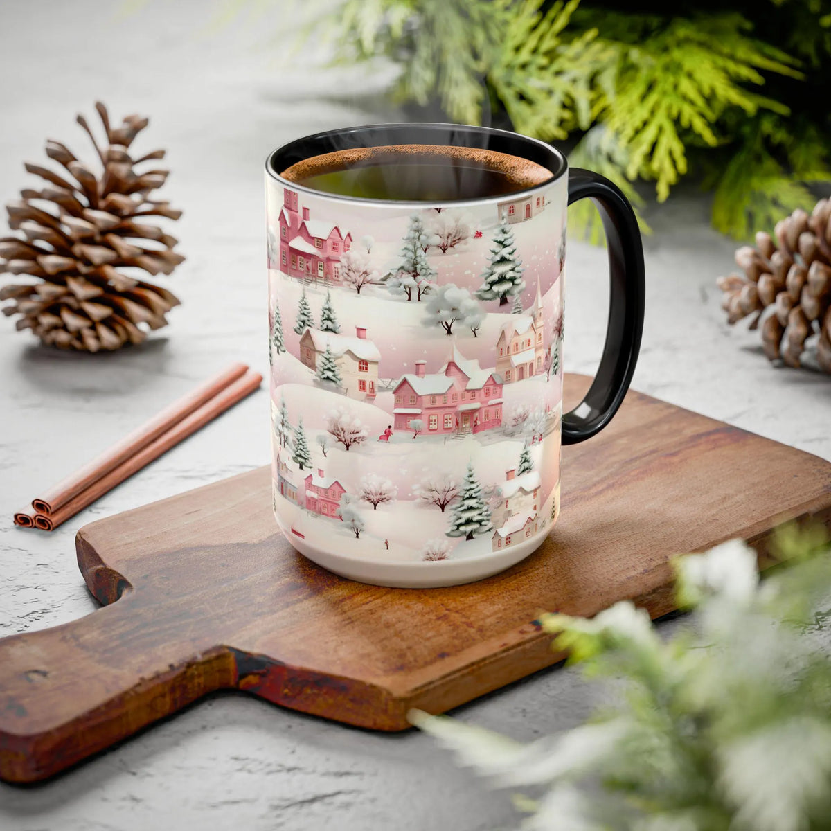 Pink Christmas Village Mug, Christmas Movie Mug, Christmas Coffee Mug, Merry Christmas Mug, Aesthetic Mug, Holiday Kitchen Decor, 15oz