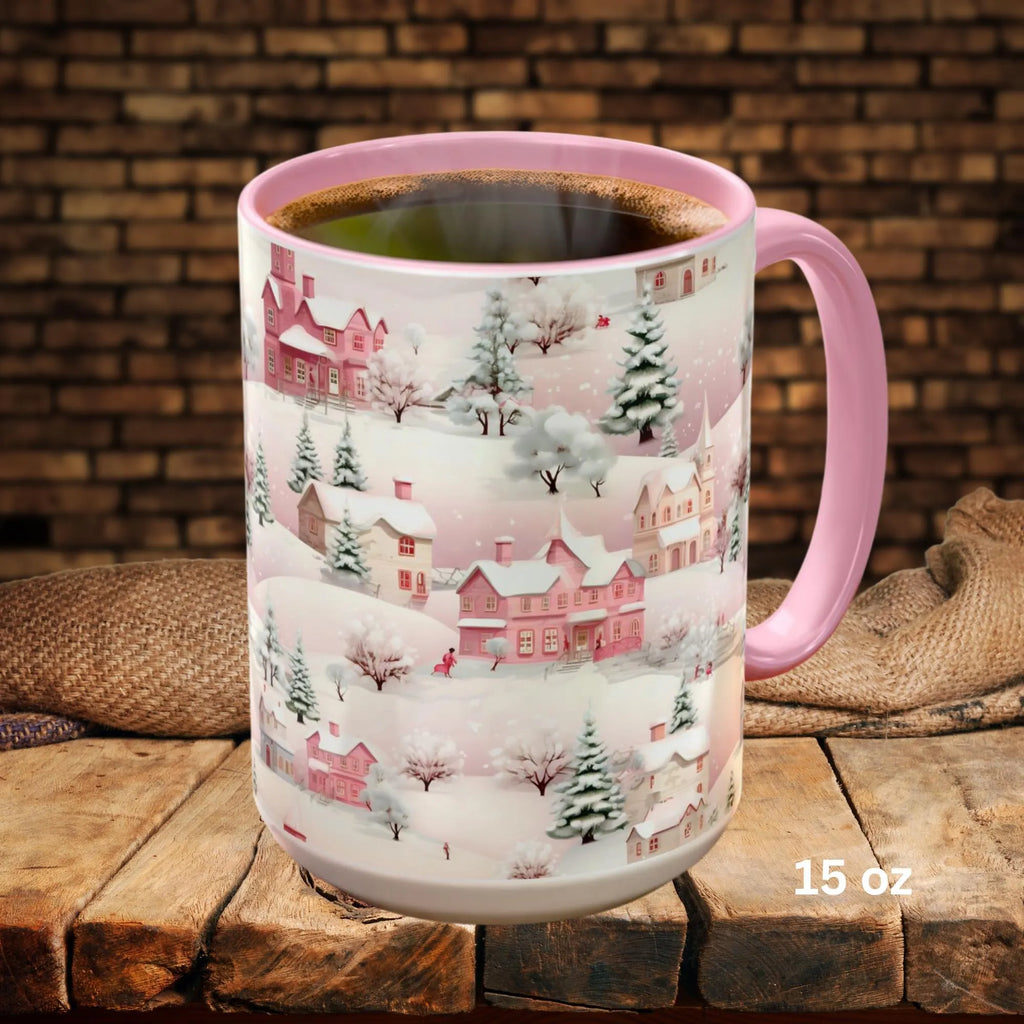 Pink Christmas Village Mug, Christmas Movie Mug, Christmas Coffee Mug, Merry Christmas Mug, Aesthetic Mug, Holiday Kitchen Decor, 15oz