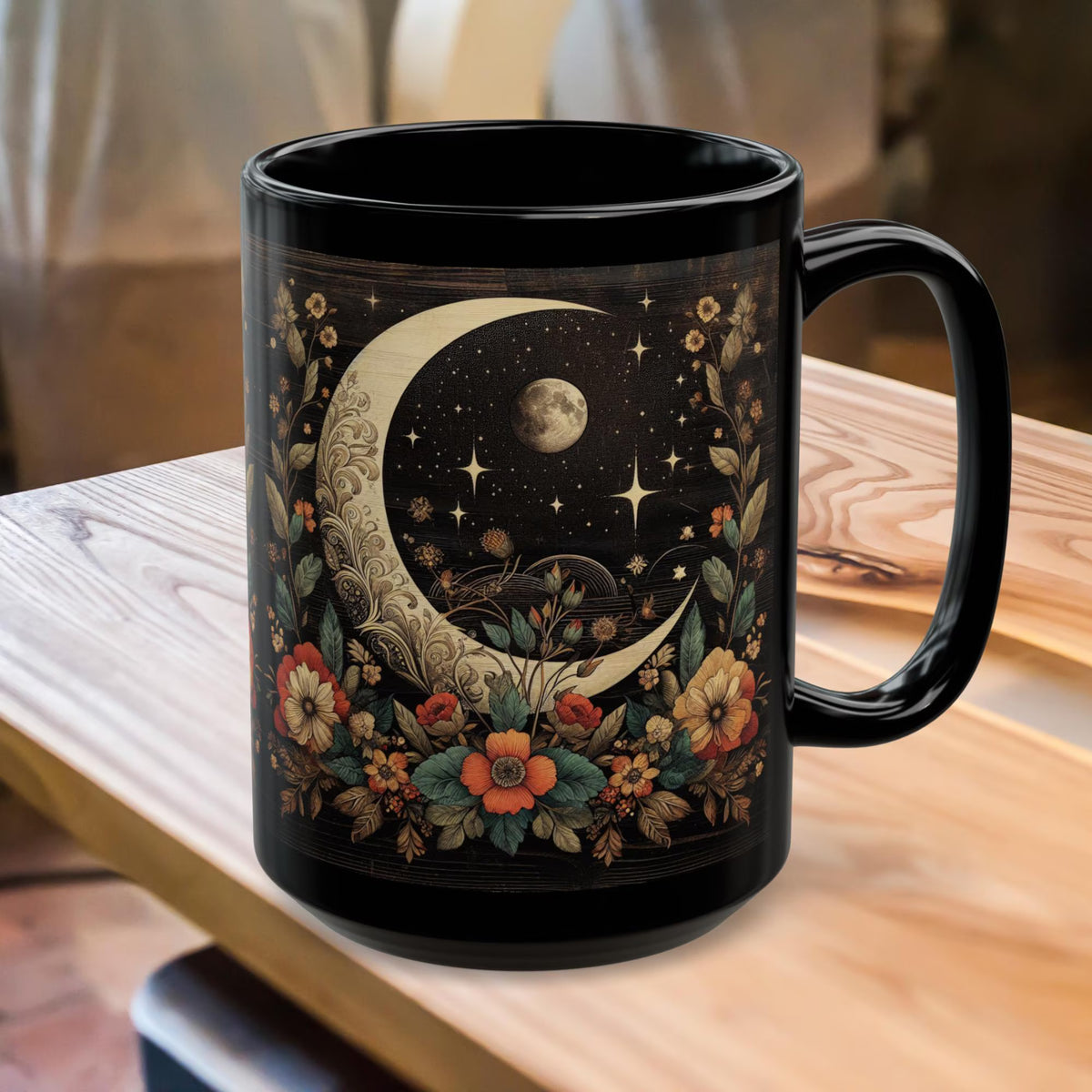 Crescent Moon Wildflower Mug, Dark Cottagecore Design Coffee Mug, Dark Aesthetic Ceramic Cup, Decor Gothic Floral Art Print Mug Witchy 15oz