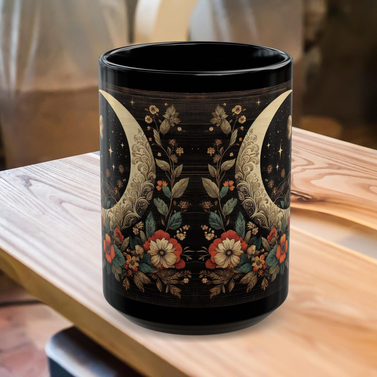 Crescent Moon Wildflower Mug, Dark Cottagecore Design Coffee Mug, Dark Aesthetic Ceramic Cup, Decor Gothic Floral Art Print Mug Witchy 15oz