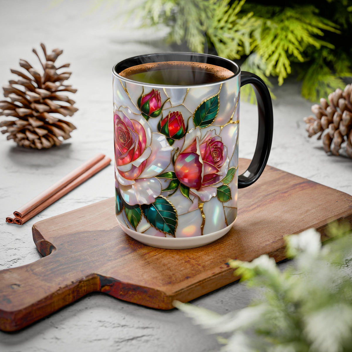 Stained Glass Style Rose Mug, Cottagecore Floral Ceramic Coffee Cup, Vintage Style Ceramic Drinkware, Boho Mug