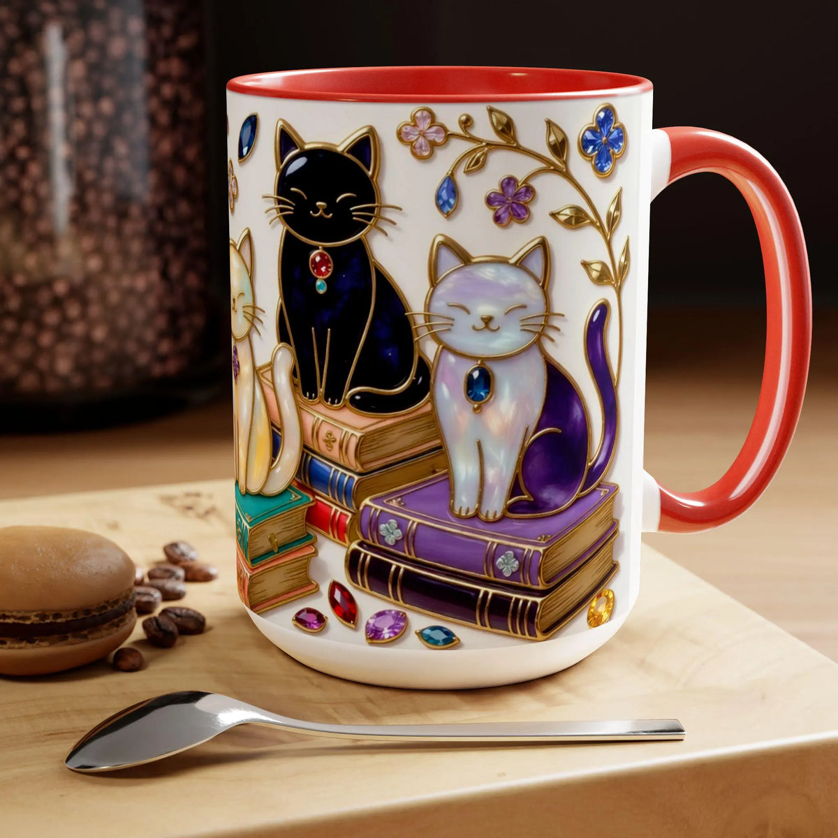 Stained Glass Style Cats Mug, Bookish Cat Art Mug, Jewel Tone Fantasy Cats Cup, Book Lover Mug 15oz