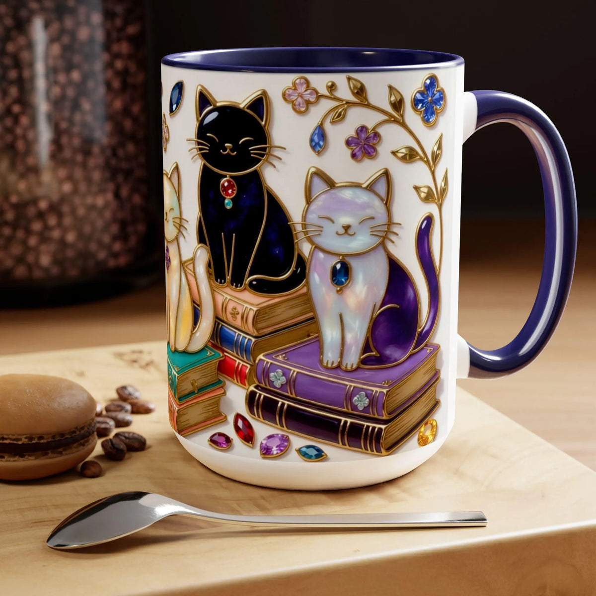 Stained Glass Style Cats Mug, Bookish Cat Art Mug, Jewel Tone Fantasy Cats Cup, Book Lover Mug 15oz