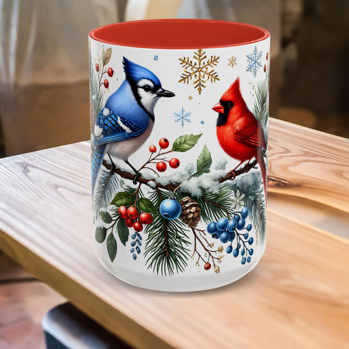 Cardinal Blue Jay Mug, Bird on Snowy Branch Mug, Bird Retro Christmas Mug, Cottagecore Mug, Christmas Kitchen Decor Mug, Winter Mug 15oz