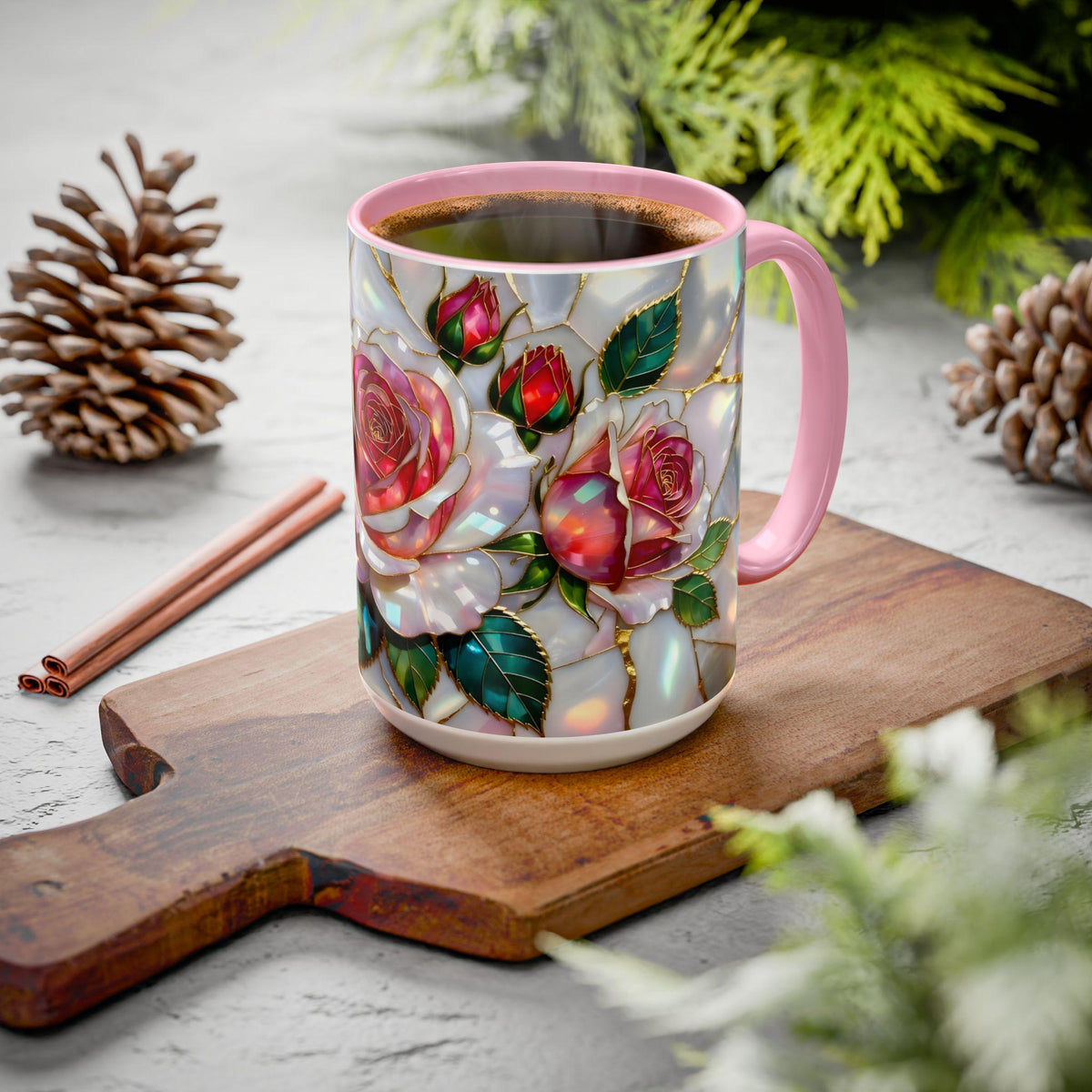 Stained Glass Style Rose Mug, Cottagecore Floral Ceramic Coffee Cup, Vintage Style Ceramic Drinkware, Boho Mug
