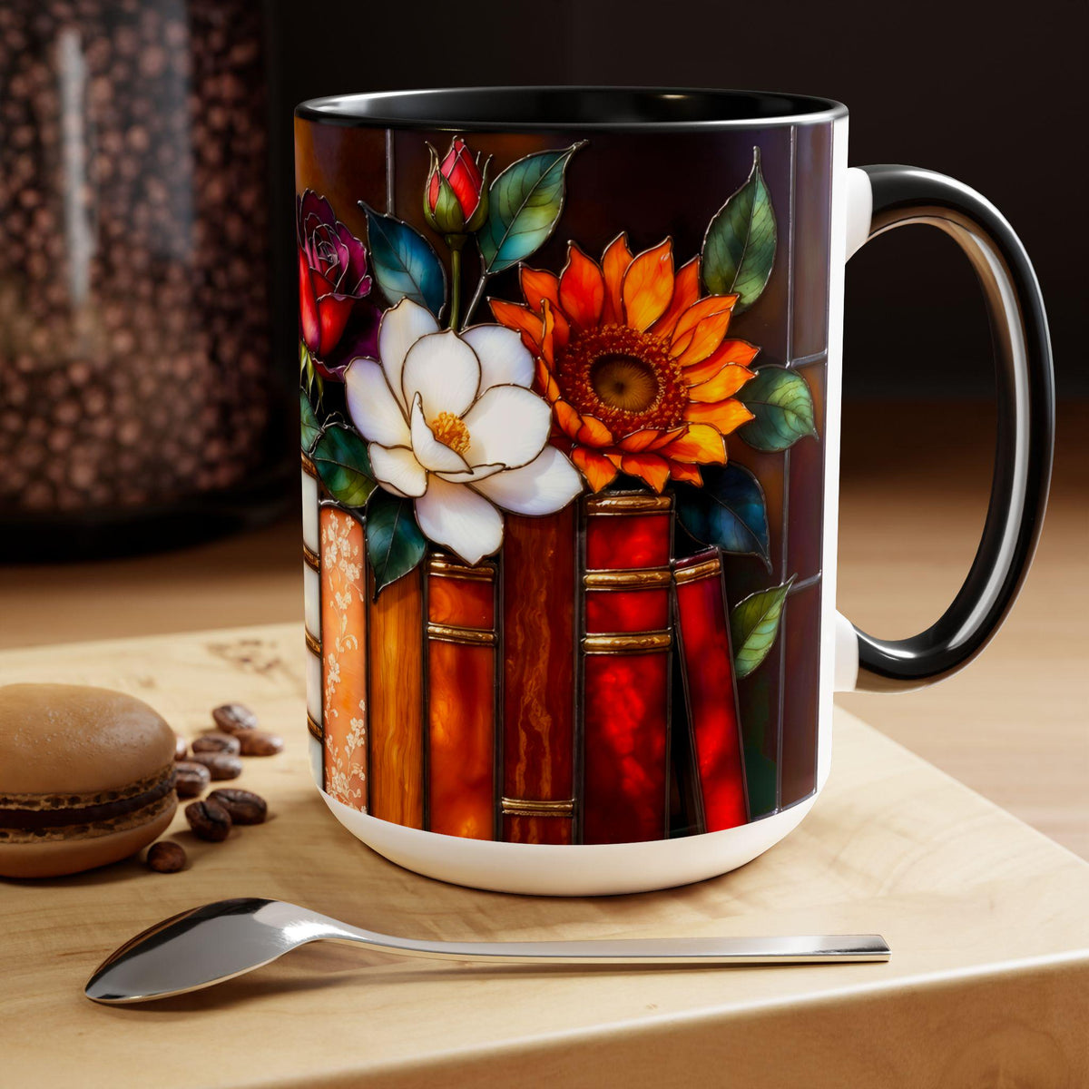 Floral Stained Glass Style Book Mug, Bookshelf Floral Ceramic Mug 15oz, Elegant Book Lover Gift, Garden Book Lover Gift