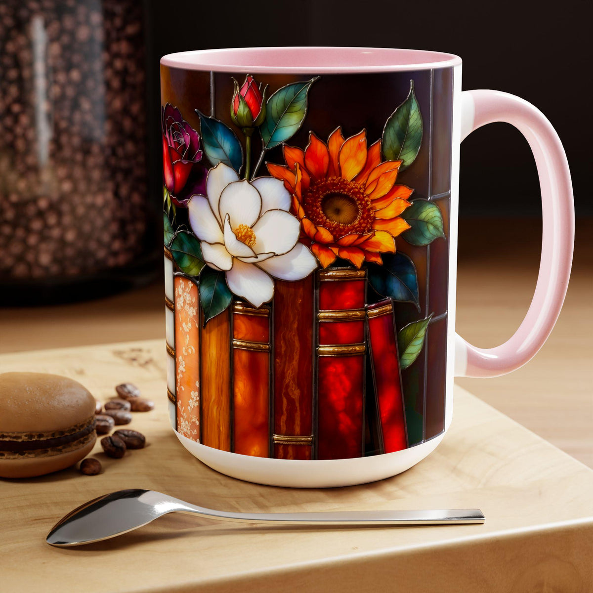 Floral Stained Glass Style Book Mug, Bookshelf Floral Ceramic Mug 15oz, Elegant Book Lover Gift, Garden Book Lover Gift