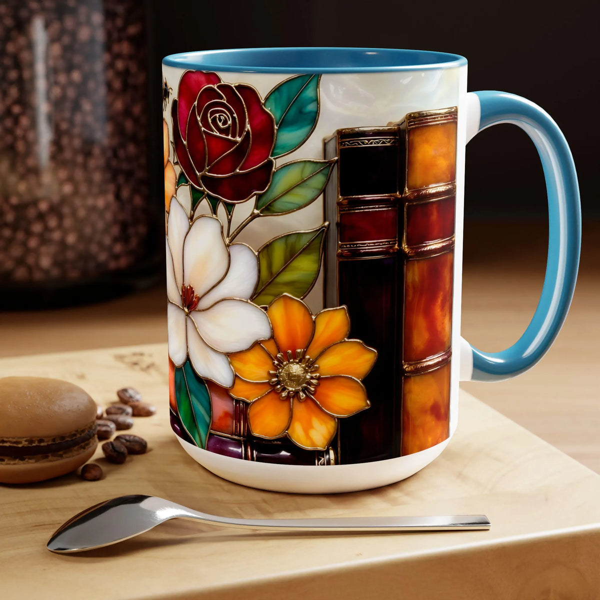 Floral Bookshelf Mug, Stained Glass Style Flowers & Bees Mug 15oz, Garden Book Lover Gift