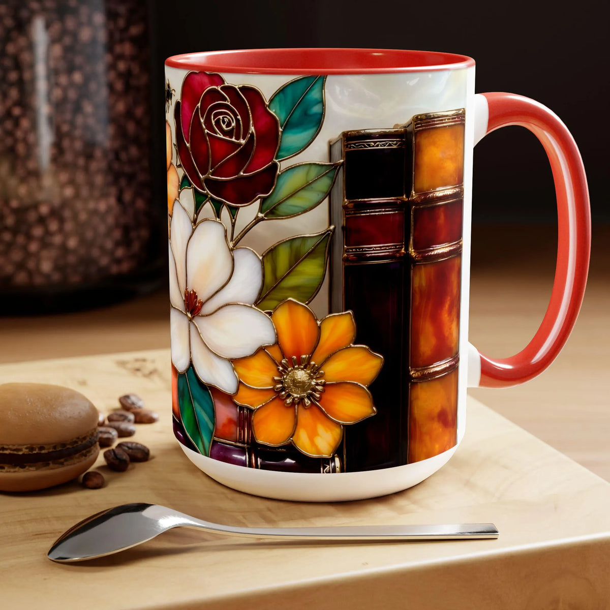Floral Bookshelf Mug, Stained Glass Style Flowers & Bees Mug 15oz, Garden Book Lover Gift