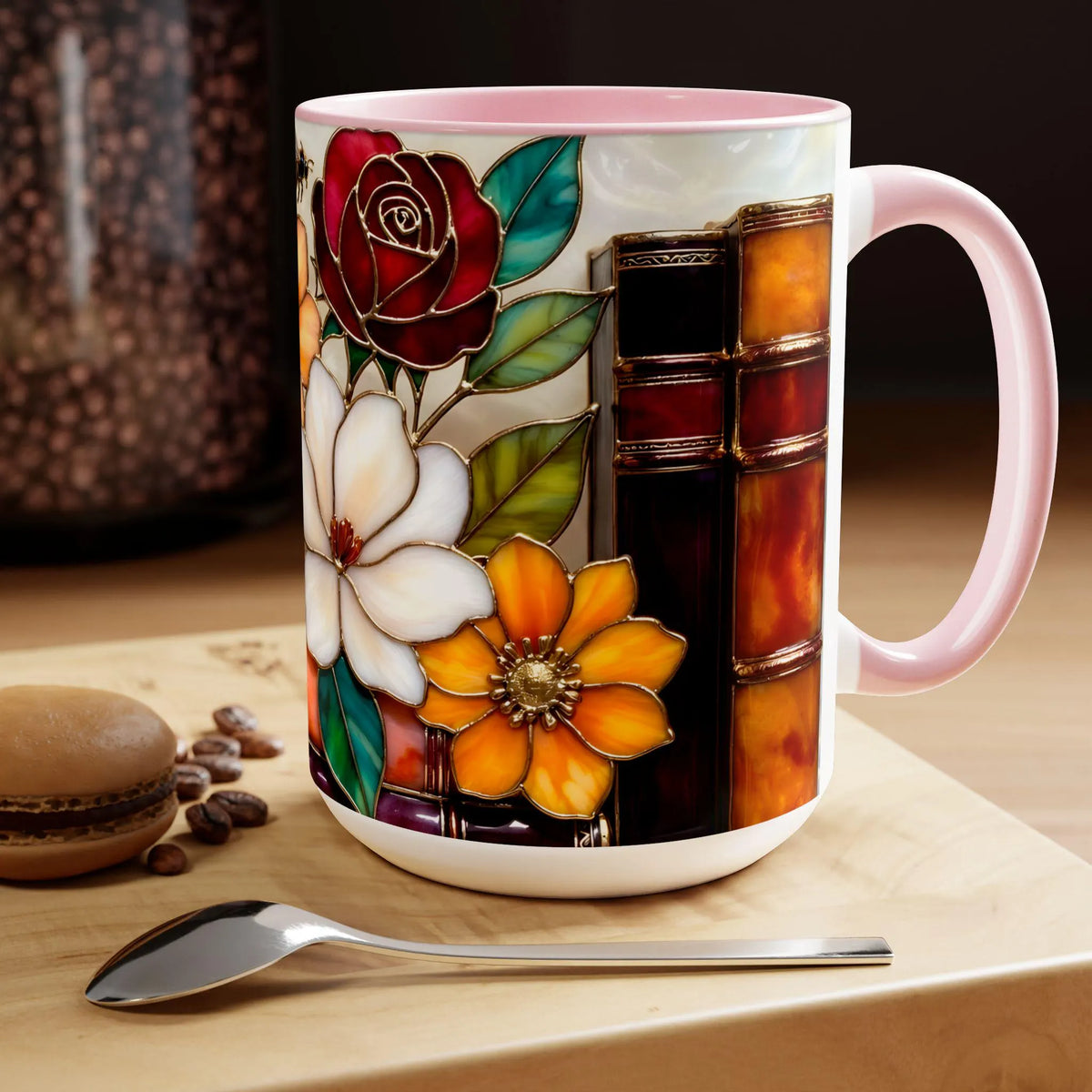 Floral Bookshelf Mug, Stained Glass Style Flowers & Bees Mug 15oz, Garden Book Lover Gift