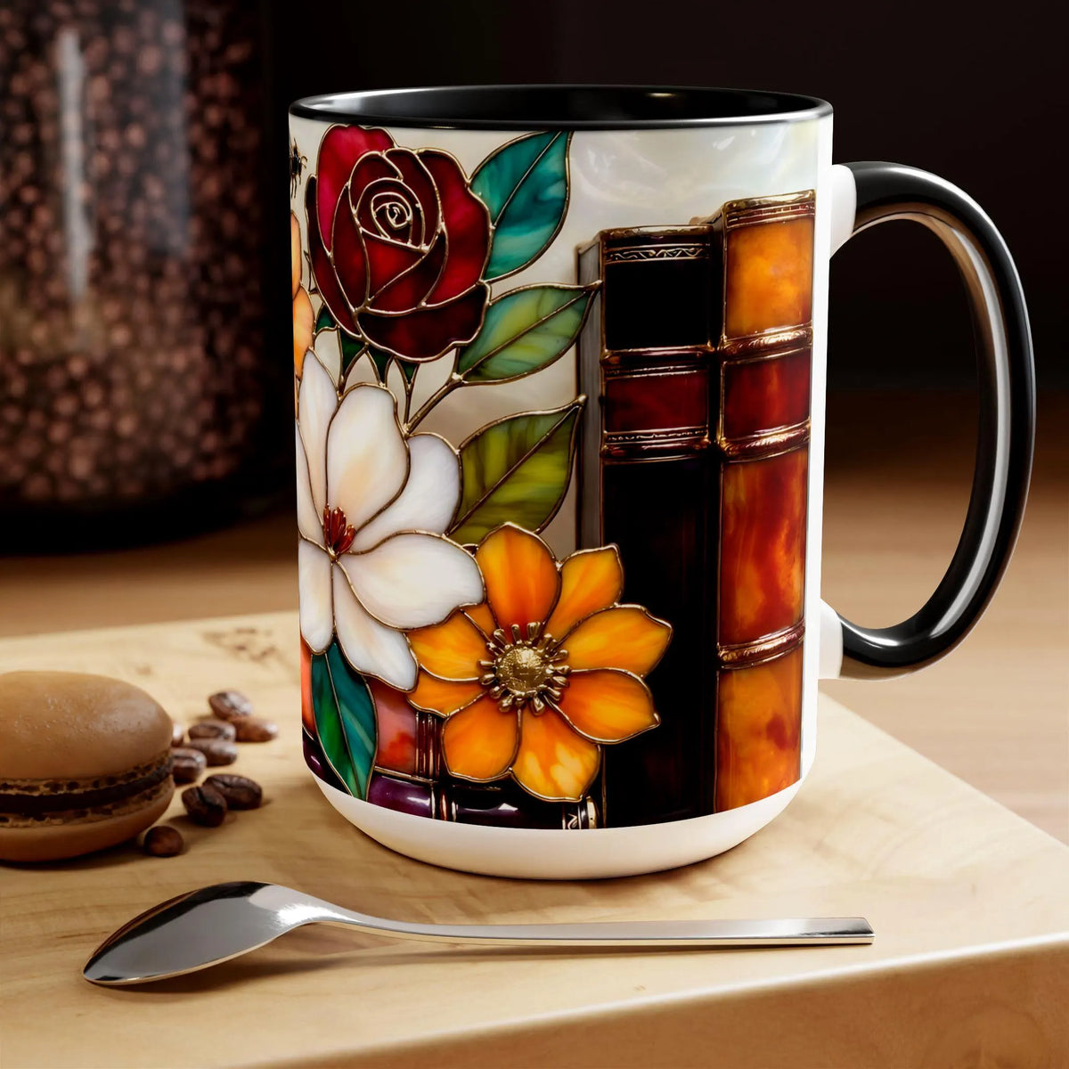 Floral Bookshelf Mug, Stained Glass Style Flowers & Bees Mug 15oz, Garden Book Lover Gift