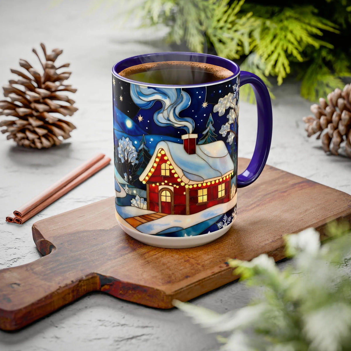 Stained Glass Christmas Village Mug, Winter Cottage Snow Scene Mug, Cozy Holiday Art Cup, Christmas Gift Mug 15oz