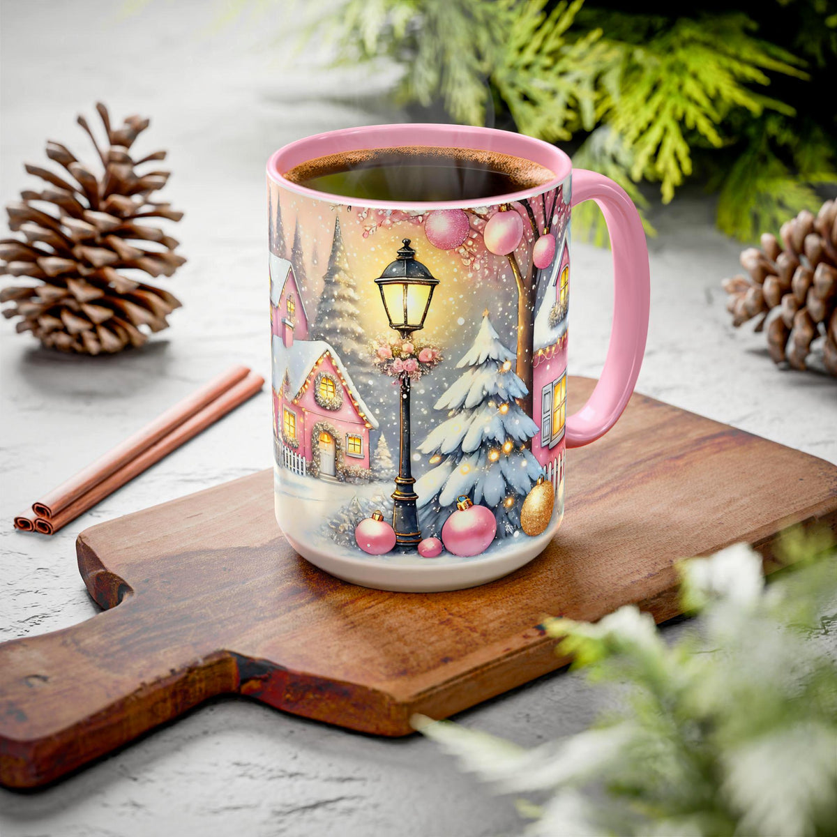 Pink Christmas Village Mug, Christmas Movie Mug, Christmas Coffee Mug Gift, Merry Christmas Mug, Winter Mug, Holiday Kitchen Decor 15 oz