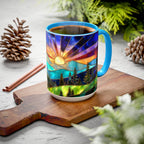 Stained Glass Style Sunset Mountains Coffee Mug, Pine Forest Cup Gift 15oz