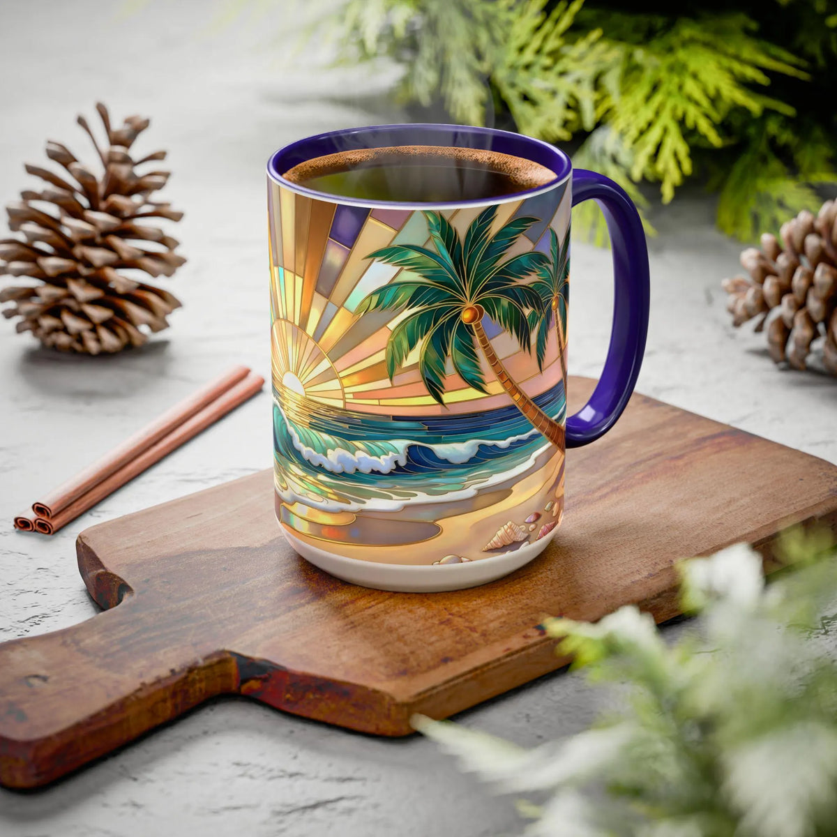 Beach Sunrise Stained Glass Style Mug, Coastal Ocean Coffee Cup, Sunrise Sea Mug, Beach Lover Cup 15oz