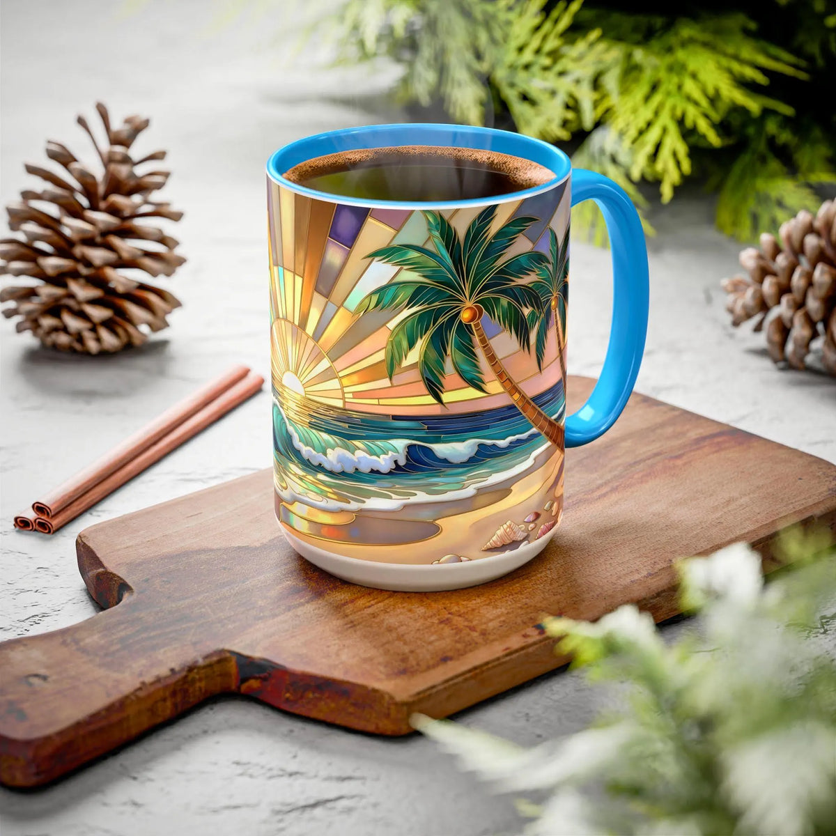 Beach Sunrise Stained Glass Style Mug, Coastal Ocean Coffee Cup, Sunrise Sea Mug, Beach Lover Cup 15oz