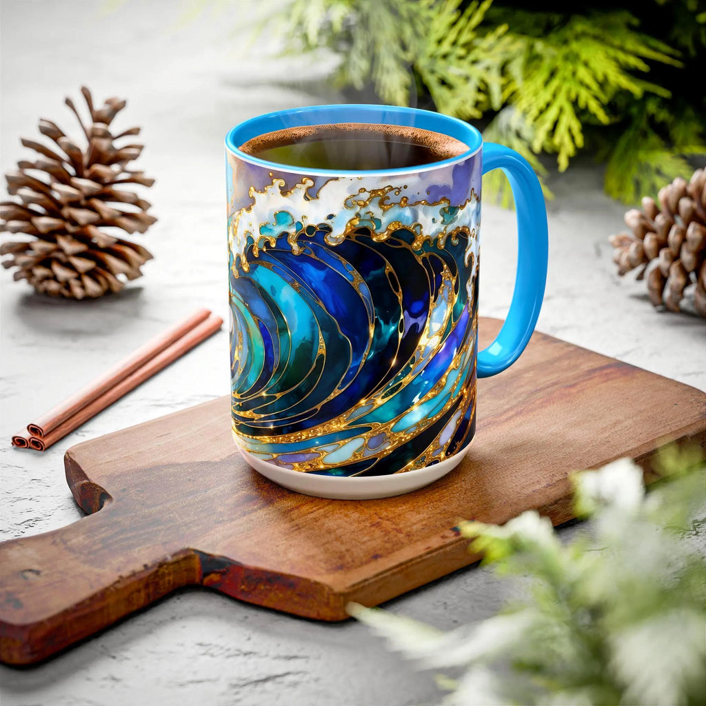 Ocean Waves Stained Glass Style Coffee Mug, Coastal Beach Decor Cup, Nautical Sea Wave Art Mug 15oz