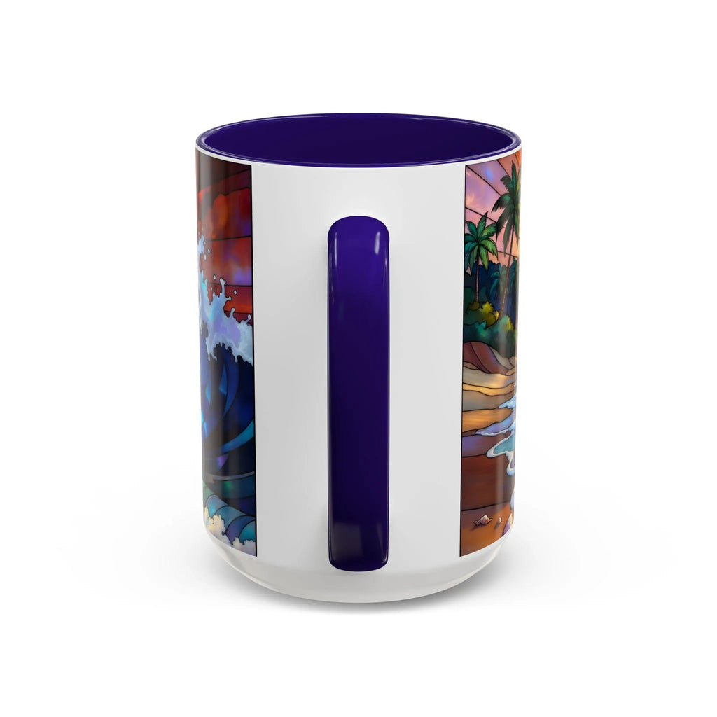 Stained Glass Style Ocean Beach Mug 15oz, Sunrise High Waves Coffee Cup, Palm Tree Coastal Art Cup, Tropical Beach Gift