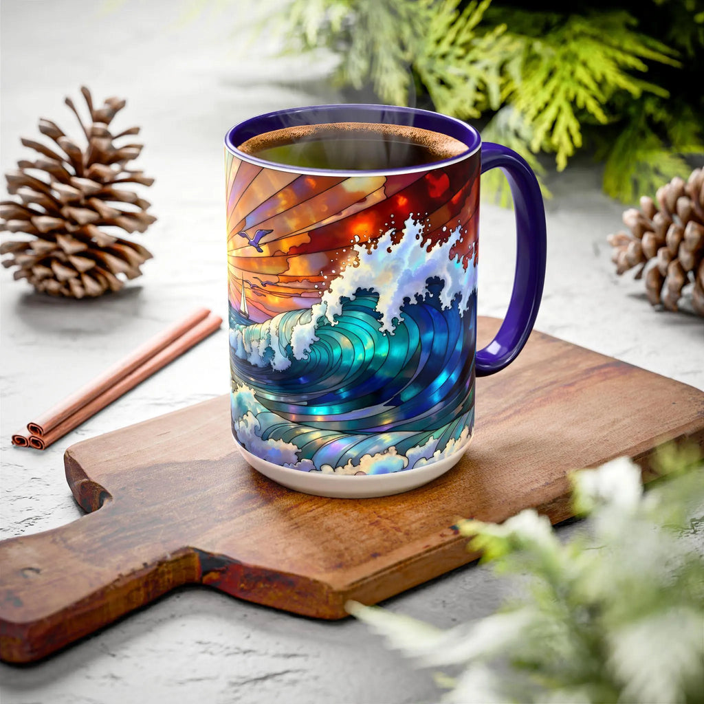 Stained Glass Style Ocean Beach Mug 15oz, Sunrise High Waves Coffee Cup, Palm Tree Coastal Art Cup, Tropical Beach Gift