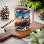 Lighthouse Sunset Mug, Coastal Stained Glass Style Coffee Cup, Nautical Coffee Mug 15oz