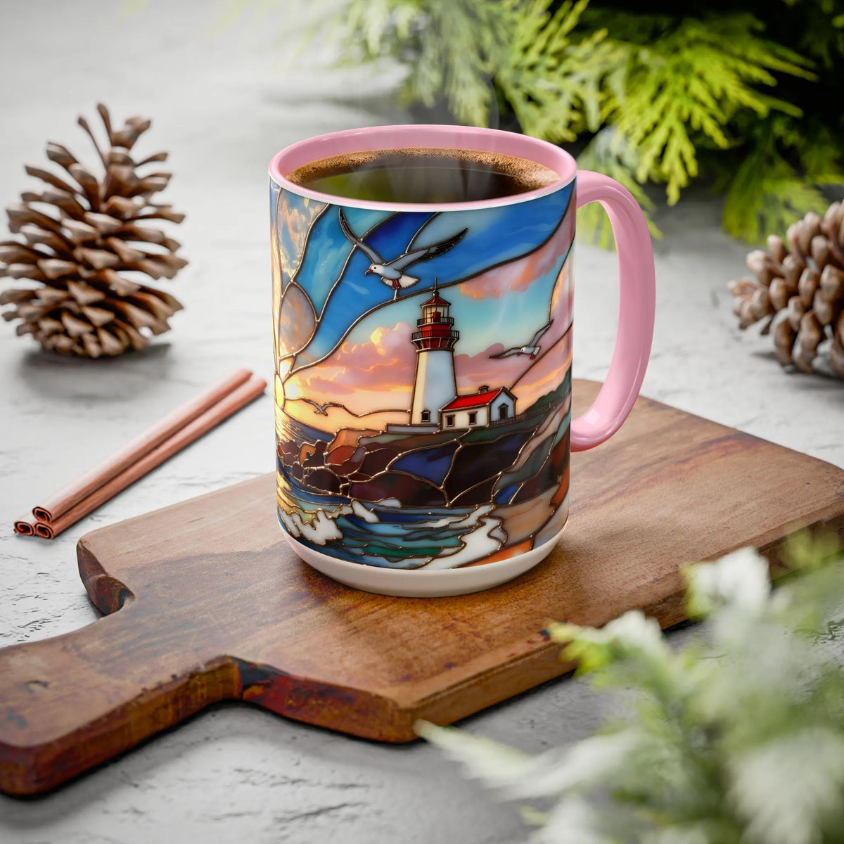 Lighthouse Sunset Mug, Coastal Stained Glass Style Coffee Cup, Nautical Coffee Mug 15oz