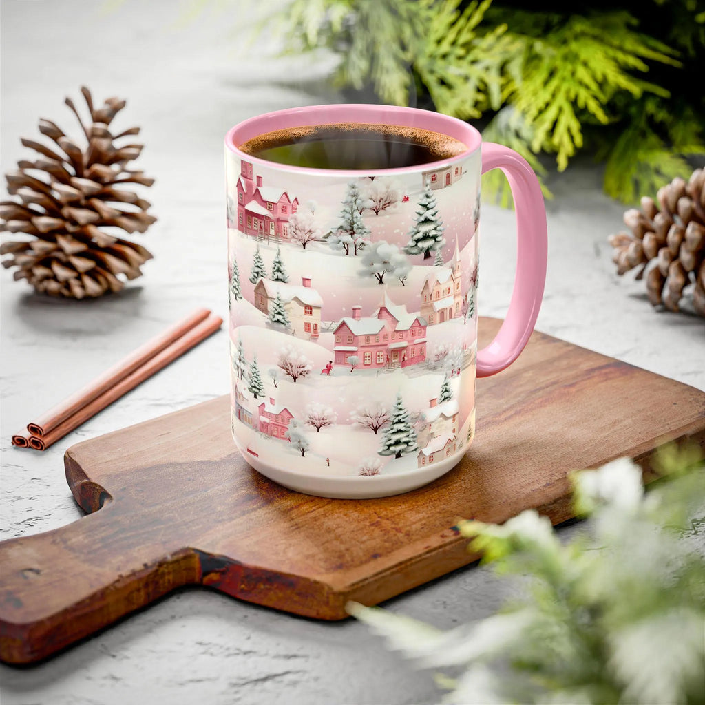 Pink Christmas Village Mug, Christmas Movie Mug, Christmas Coffee Mug, Merry Christmas Mug, Aesthetic Mug, Holiday Kitchen Decor, 15oz
