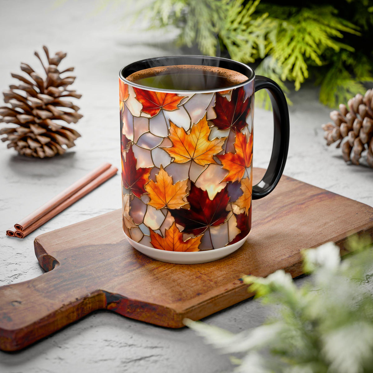 Autumn Maple Leaf Mug, Fall Stained-Glass Style Coffee Cup, Cozy Ceramic Seasonal Mug, Thanksgiving Gift Mug, Botanical Mug, Nature Mug 15oz