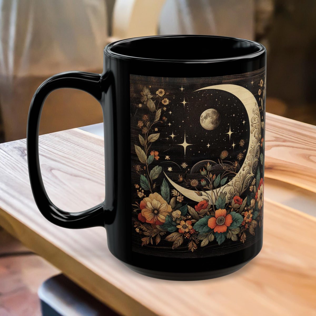 Crescent Moon Wildflower Mug, Dark Cottagecore Design Coffee Mug, Dark Aesthetic Ceramic Cup, Decor Gothic Floral Art Print Mug Witchy 15oz