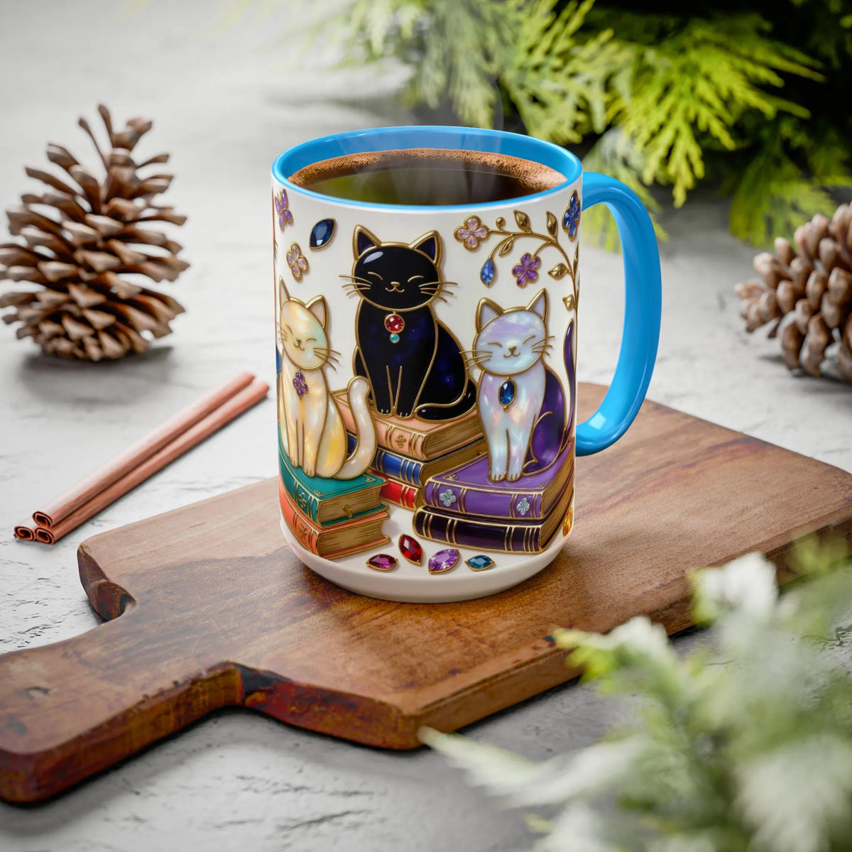 Stained Glass Style Cats Mug, Bookish Cat Art Mug, Jewel Tone Fantasy Cats Cup, Book Lover Mug 15oz