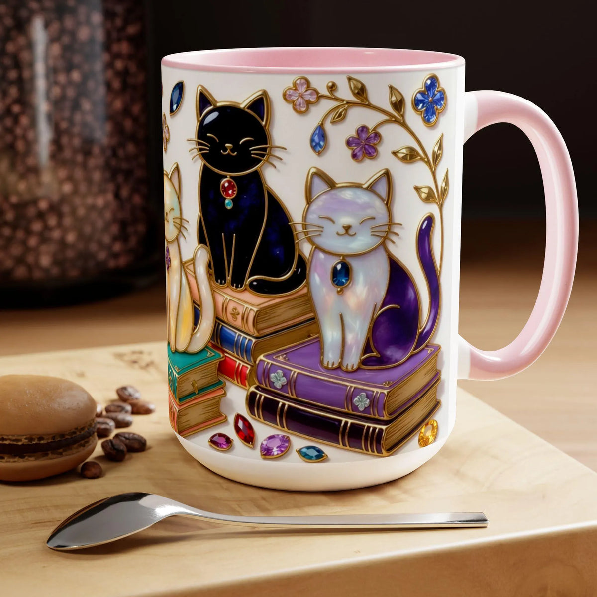 Stained Glass Style Cats Mug, Bookish Cat Art Mug, Jewel Tone Fantasy Cats Cup, Book Lover Mug 15oz