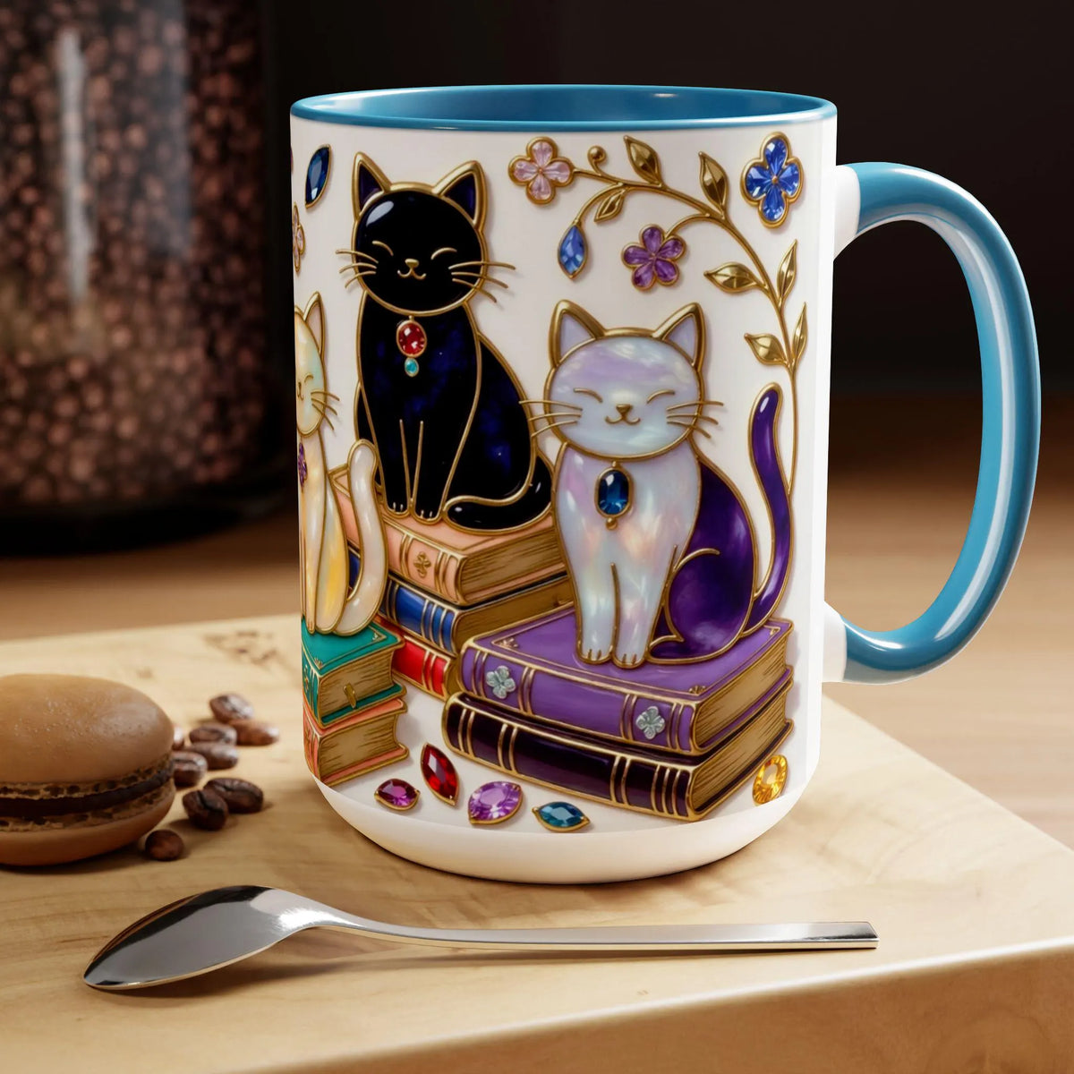 Stained Glass Style Cats Mug, Bookish Cat Art Mug, Jewel Tone Fantasy Cats Cup, Book Lover Mug 15oz