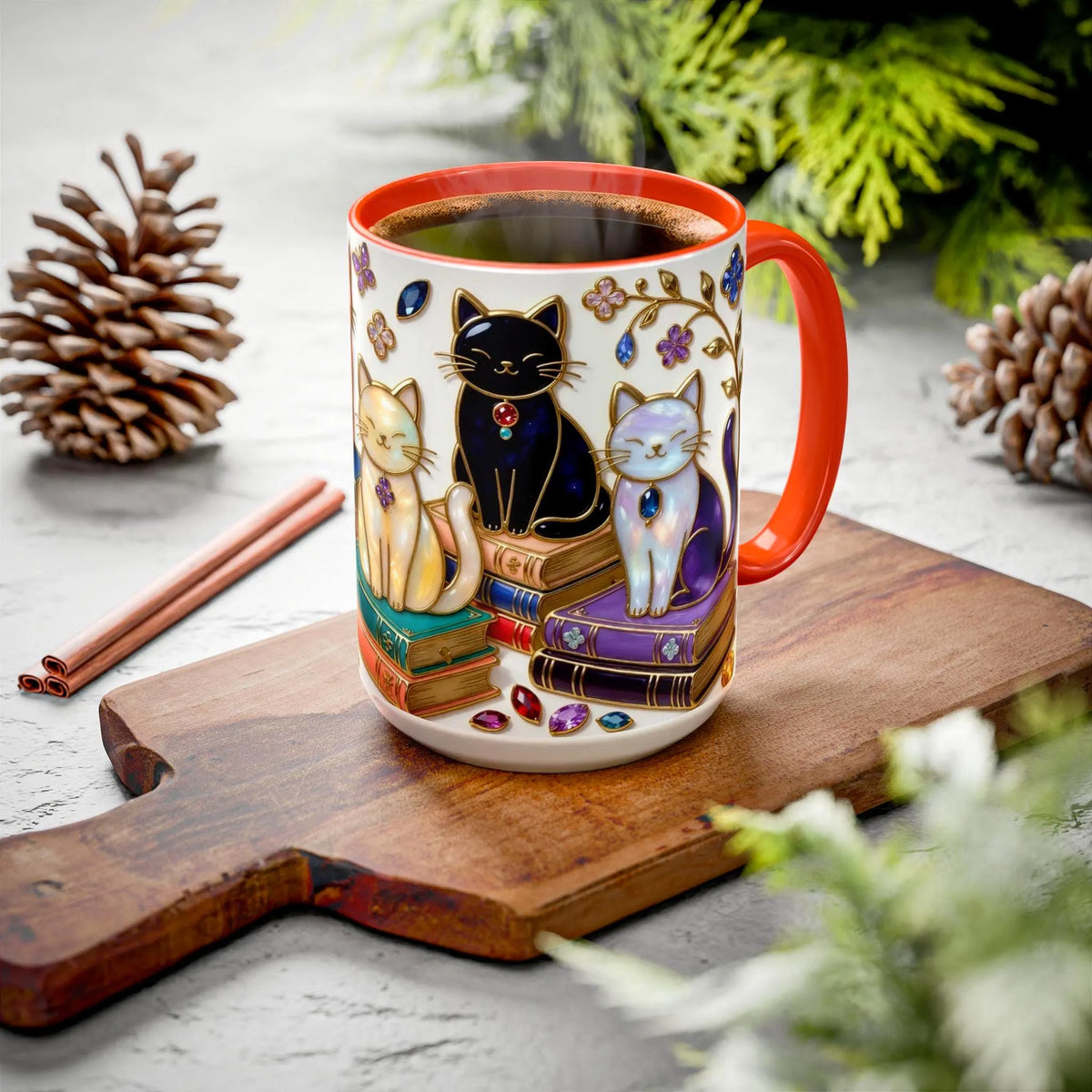 Stained Glass Style Cats Mug, Bookish Cat Art Mug, Jewel Tone Fantasy Cats Cup, Book Lover Mug 15oz