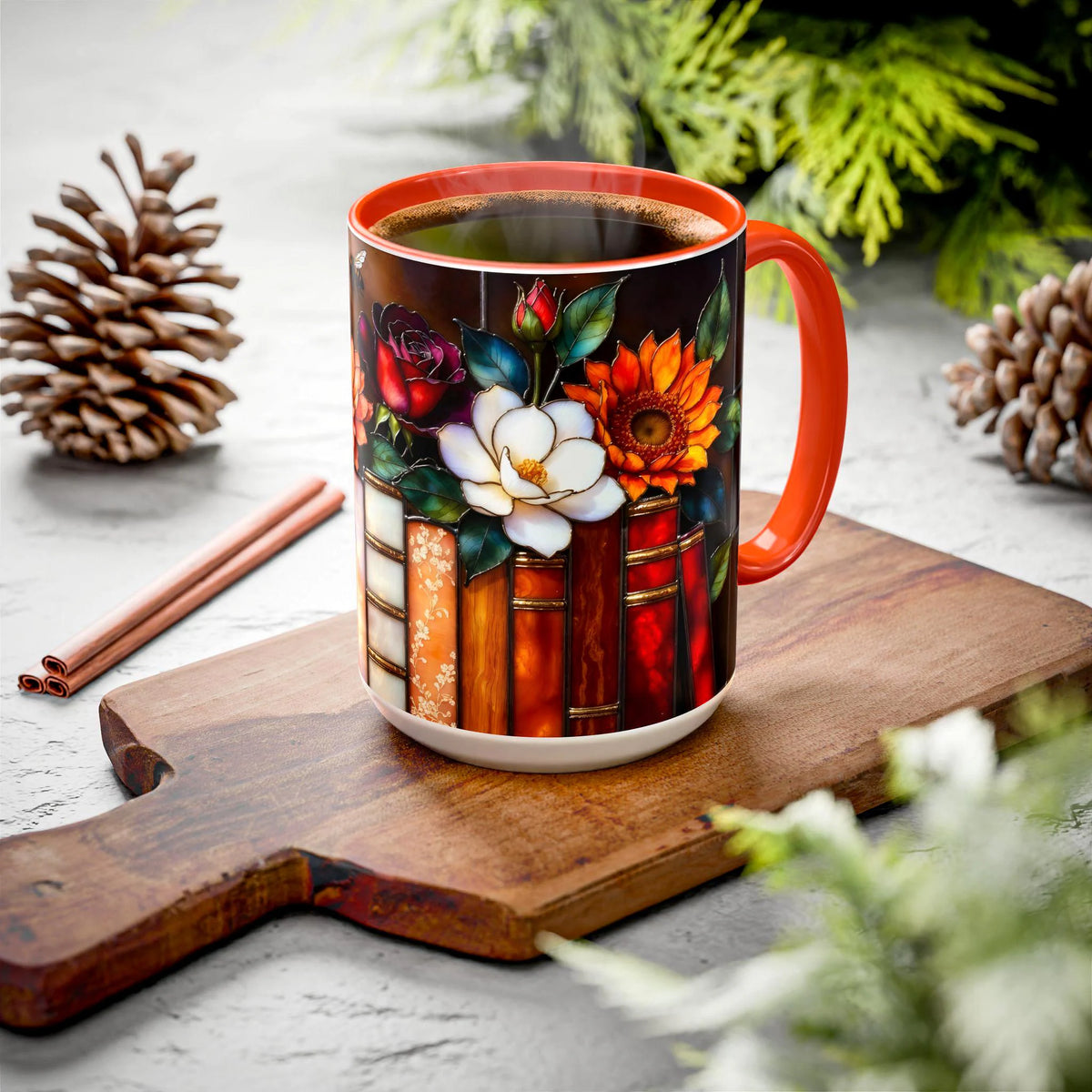 Floral Stained Glass Style Book Mug, Bookshelf Floral Ceramic Mug 15oz, Elegant Book Lover Gift, Garden Book Lover Gift