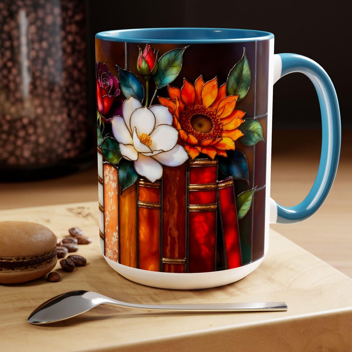 Floral Stained Glass Style Book Mug, Bookshelf Floral Ceramic Mug 15oz, Elegant Book Lover Gift, Garden Book Lover Gift