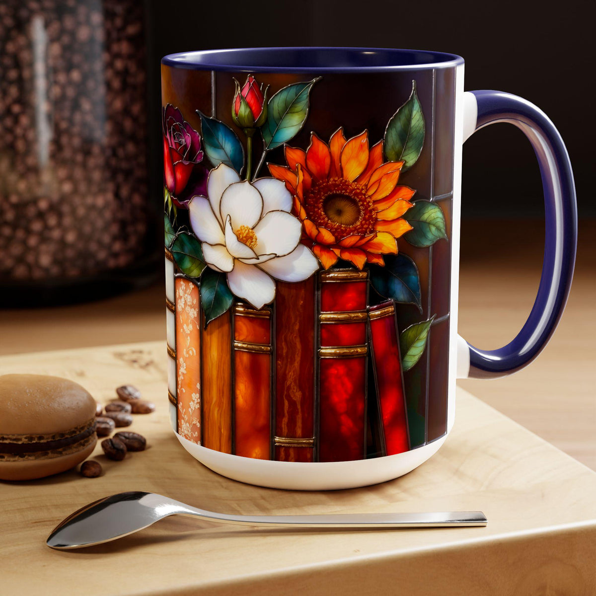 Floral Stained Glass Style Book Mug, Bookshelf Floral Ceramic Mug 15oz, Elegant Book Lover Gift, Garden Book Lover Gift