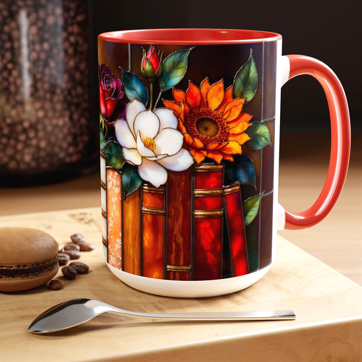 Floral Stained Glass Style Book Mug, Bookshelf Floral Ceramic Mug 15oz, Elegant Book Lover Gift, Garden Book Lover Gift