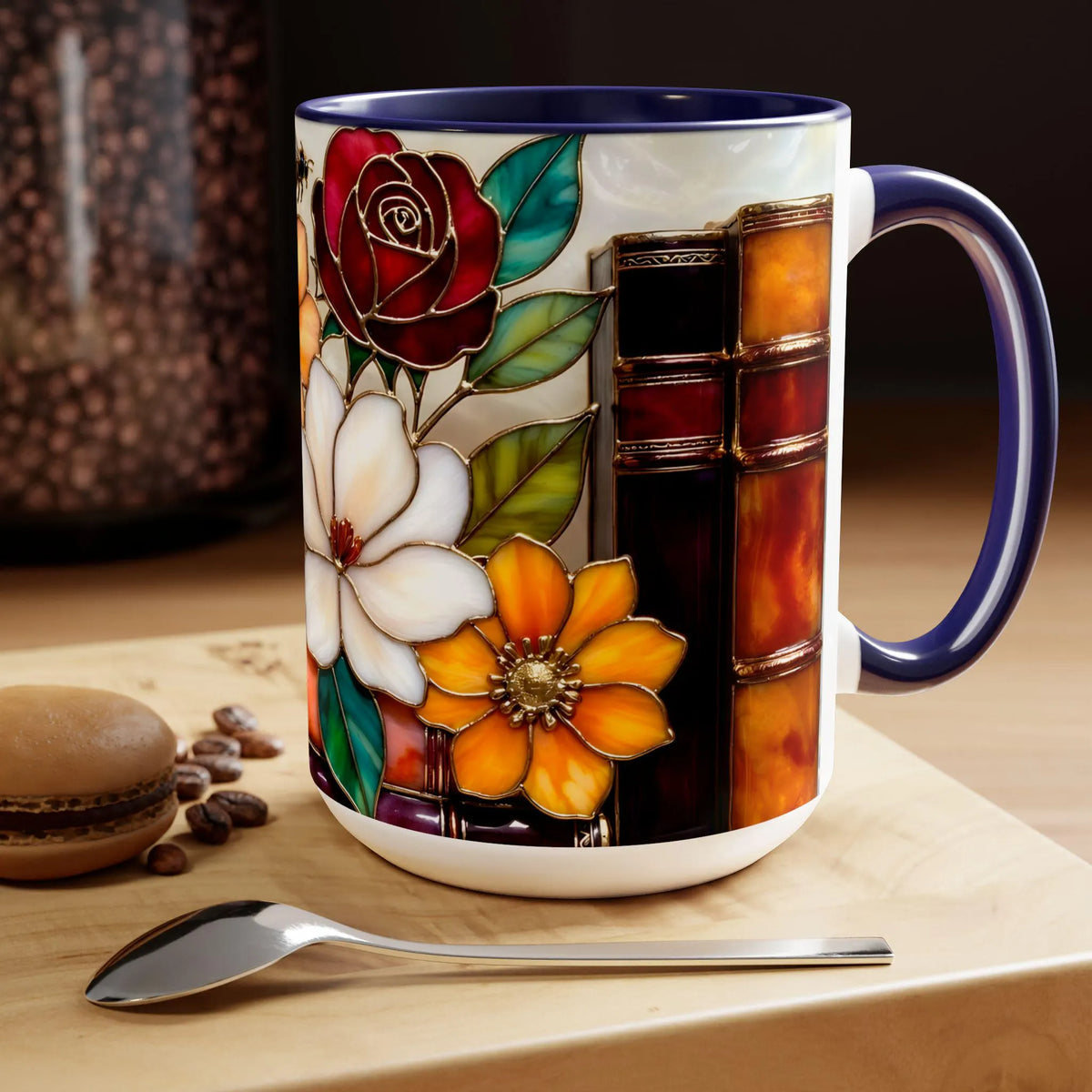 Floral Bookshelf Mug, Stained Glass Style Flowers & Bees Mug 15oz, Garden Book Lover Gift