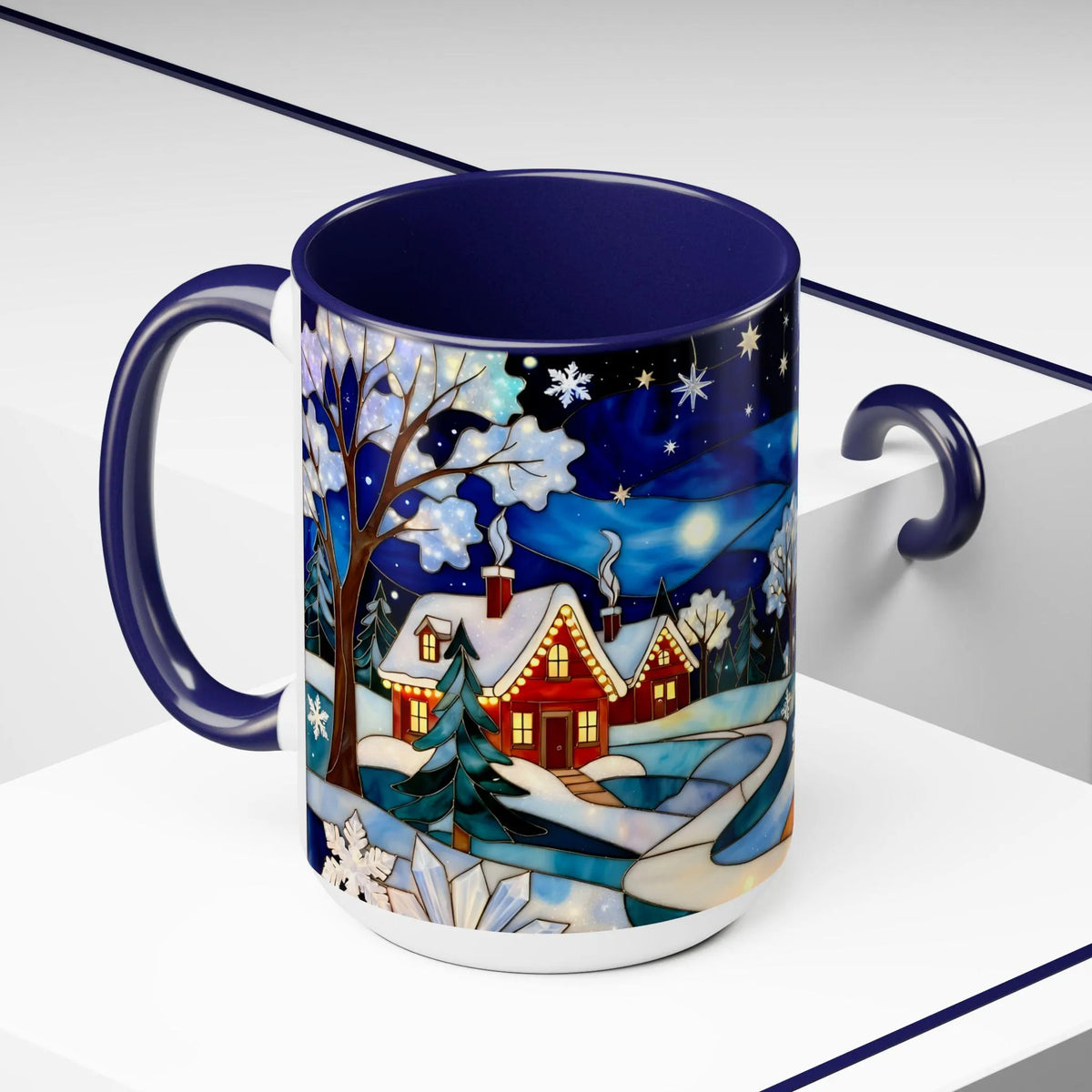 Stained Glass Christmas Village Mug, Winter Cottage Snow Scene Mug, Cozy Holiday Art Cup, Christmas Gift Mug 15oz