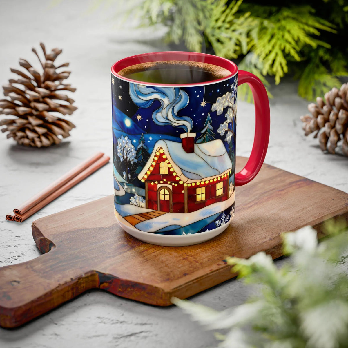 Stained Glass Christmas Village Mug, Winter Cottage Snow Scene Mug, Cozy Holiday Art Cup, Christmas Gift Mug 15oz