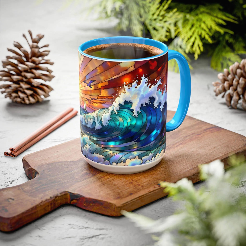 Stained Glass Style Ocean Beach Mug 15oz, Sunrise High Waves Coffee Cup, Palm Tree Coastal Art Cup, Tropical Beach Gift