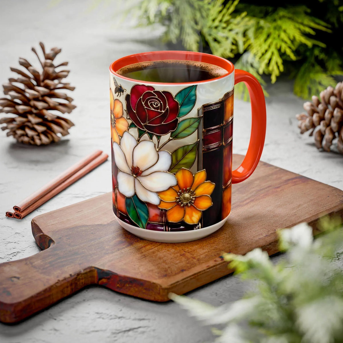 Floral Bookshelf Mug, Stained Glass Style Flowers & Bees Mug 15oz, Garden Book Lover Gift