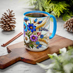 Blue Wildflower Mug, Stained Glass Style Floral Coffee Cup 15oz