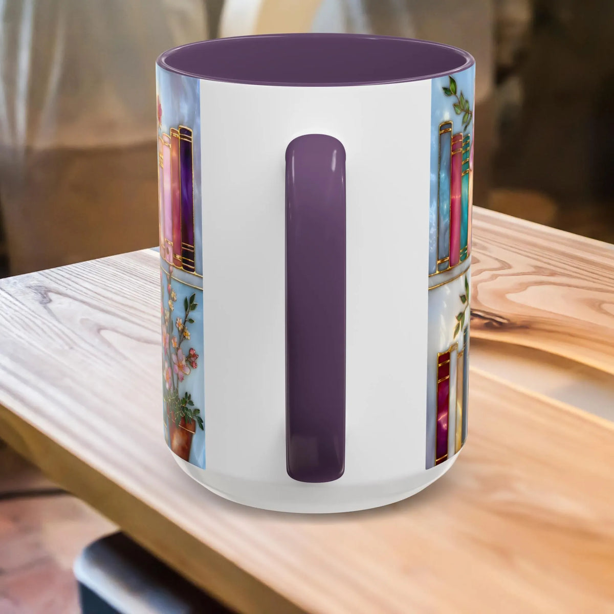 Floral Bookshelf Mug for Book Lovers, Bookish Library Coffee Cup, Black Ceramic 15oz, Stained Glass Style Design