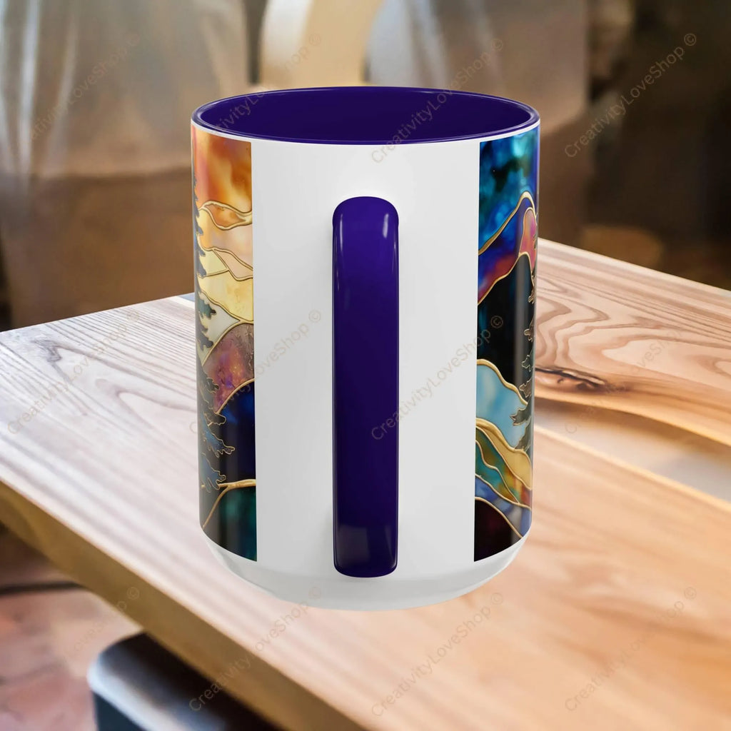 Stained Glass Style Mountain Mug, Forest Landscape Coffee Mug, Nature Lover Gift, Outdoor Adventure Mug, Fathers Day Gift 15oz