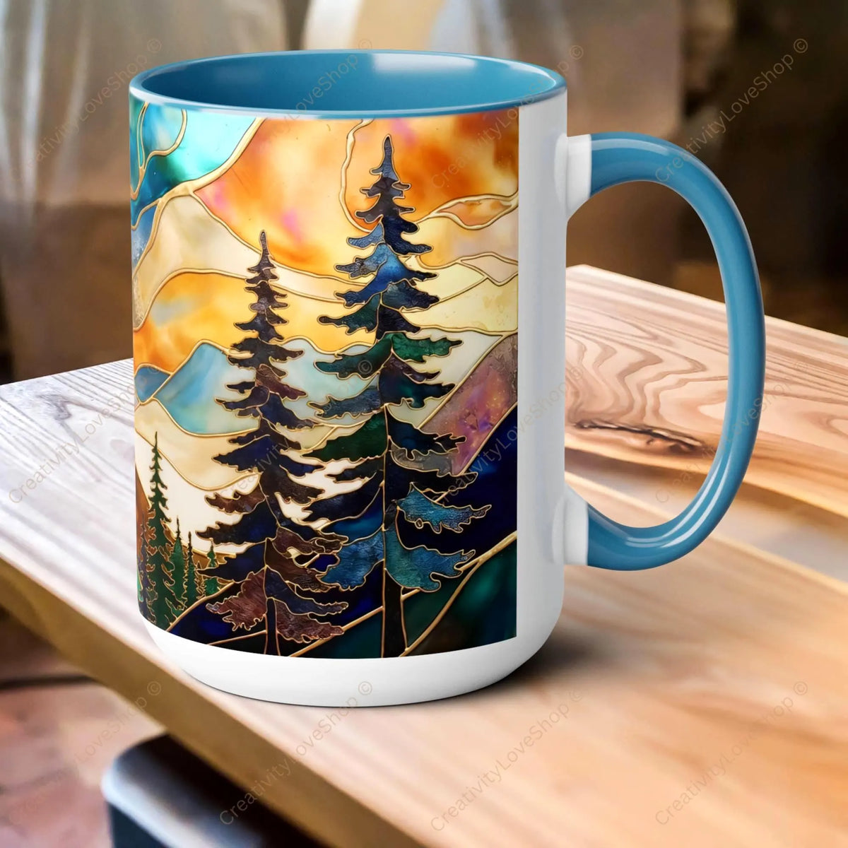 Stained Glass Style Mountain Mug, Forest Landscape Coffee Mug, Nature Lover Gift, Outdoor Adventure Mug, Fathers Day Gift 15oz