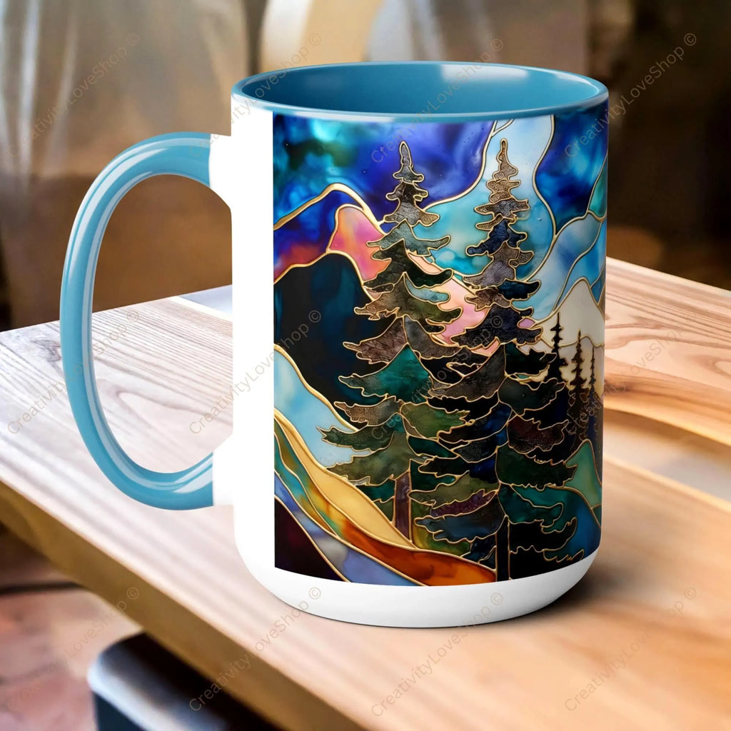 Stained Glass Style Mountain Mug, Forest Landscape Coffee Mug, Nature Lover Gift, Outdoor Adventure Mug, Fathers Day Gift 15oz