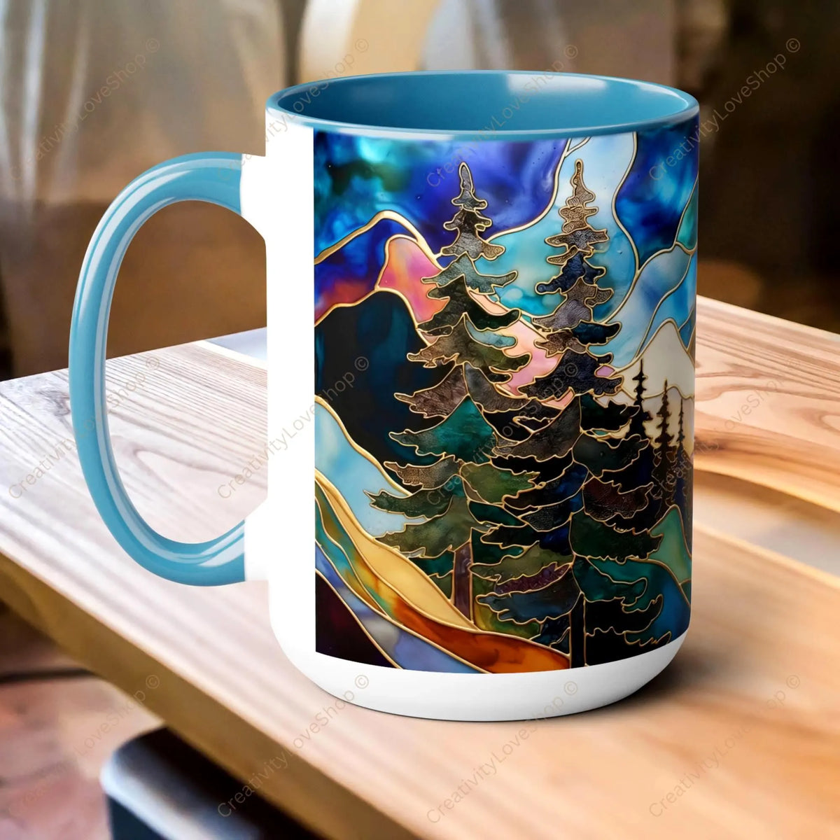 Stained Glass Style Mountain Mug, Forest Landscape Coffee Mug, Nature Lover Gift, Outdoor Adventure Mug, Fathers Day Gift 15oz